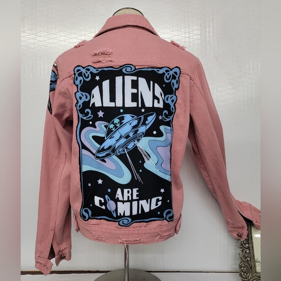 Pink Jean Jacket with Alien Graphics Upcycled Retro - Picture 3 of 9